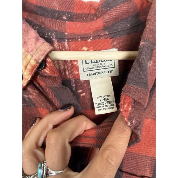 Upcycled L.L. Bean Flannel Shirt Bleach Dyed One of a Kind XL Cotton Unisex Red - Picture 2 of 7
